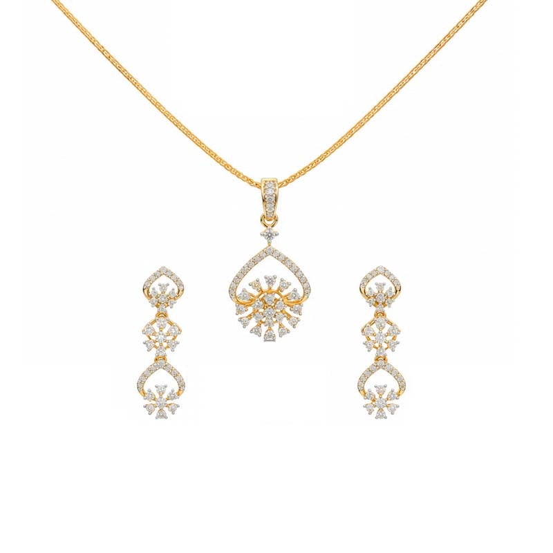 Elegant 18k Yellow Gold Diamond Pendant with Matching Earrings and 16 Inch Chain