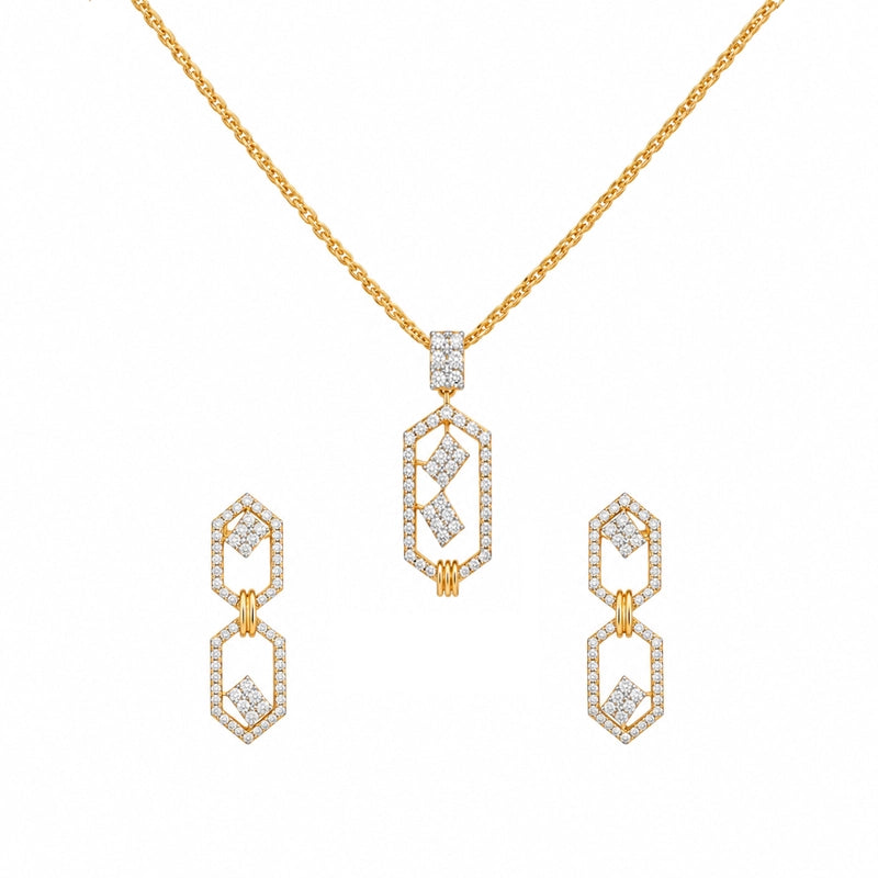 Elegant 18k Yellow Gold Diamond Pendant Set with Hanging Earrings and Chain