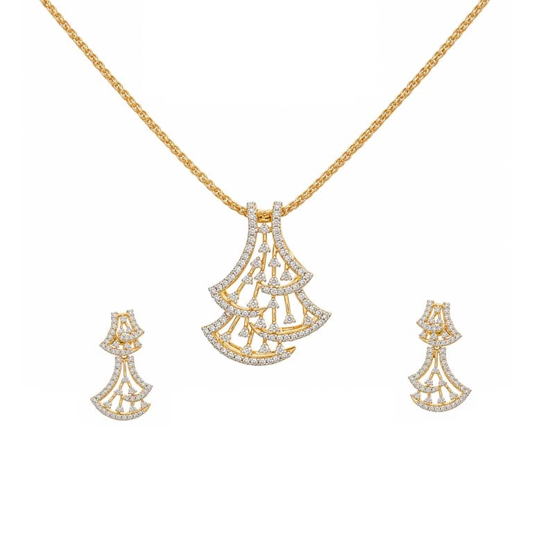 Elegant 18k yellow gold diamond pendant and hanging earrings set with chain