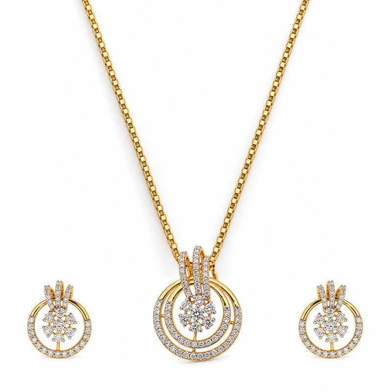 Elegant 18K Yellow Gold Diamond Pendant Set with Hanging Earrings and Chain