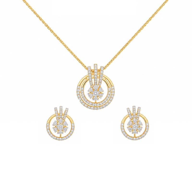 Elegant 18K Yellow Gold Diamond Pendant Set with Hanging Earrings and Chain