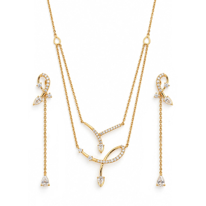 Elegant 18K Yellow Gold Layered Necklace Set with Sparkling Drop Shaped Diamonds