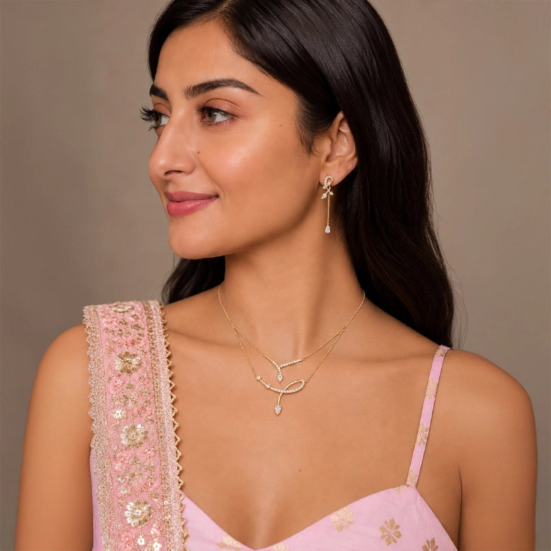 Elegant 18K Yellow Gold Layered Necklace Set with Sparkling Drop Shaped Diamonds