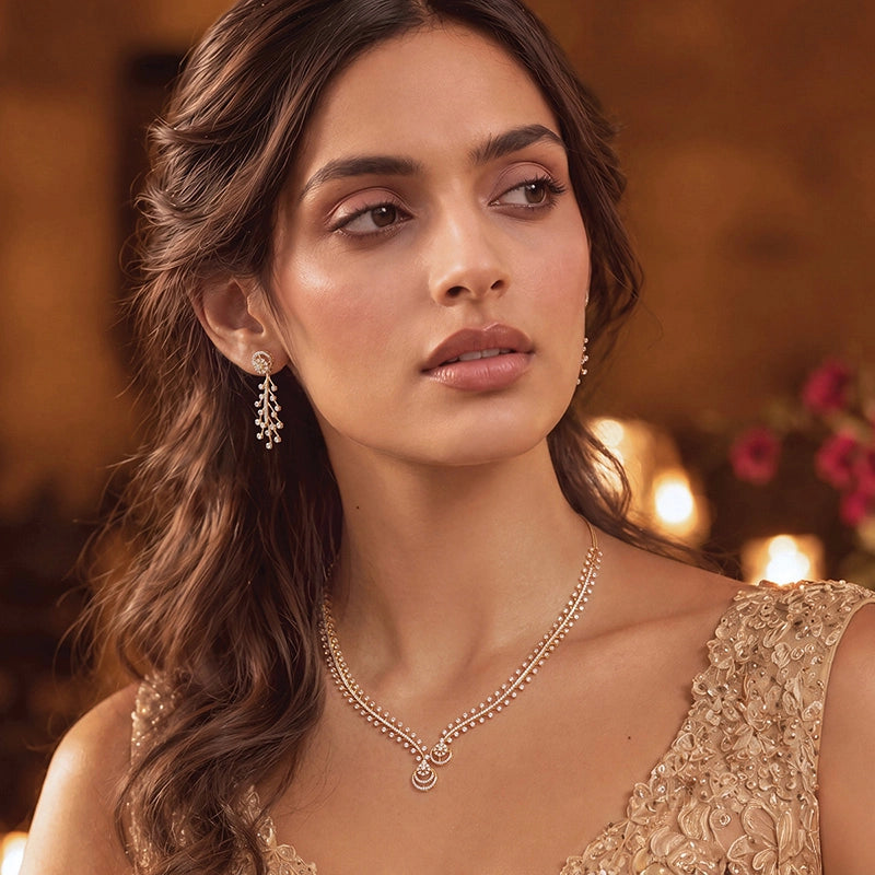 Elegant 18K Yellow Gold Necklace and Earring Set with Sparkling Diamonds