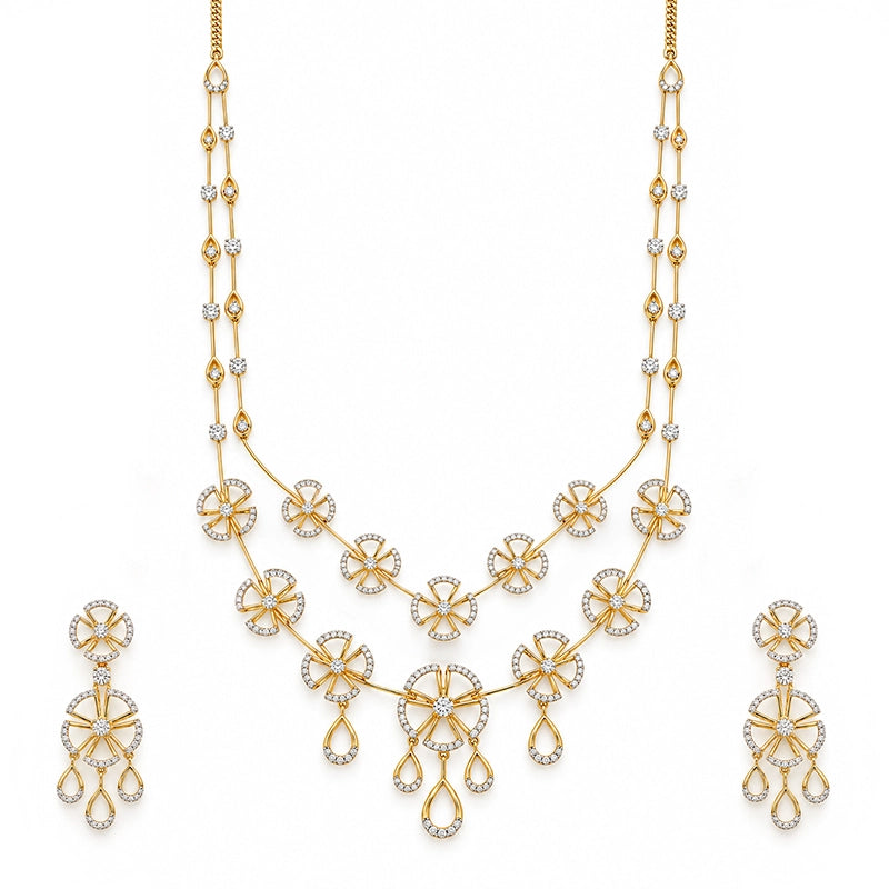 Elegant floral layered necklace and matching hanging earrings set for women