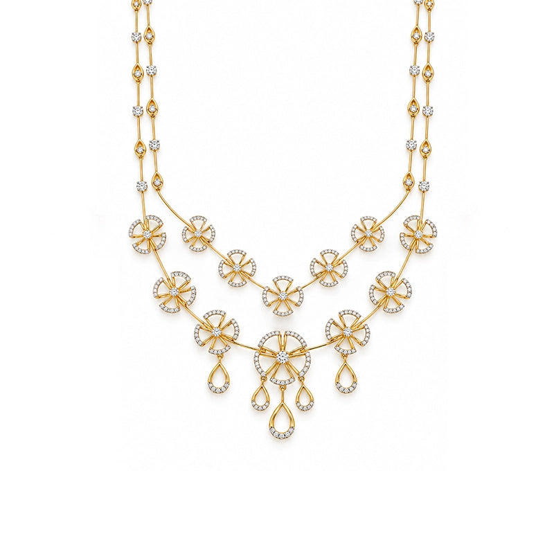 Elegant floral layered necklace and matching hanging earrings set for women