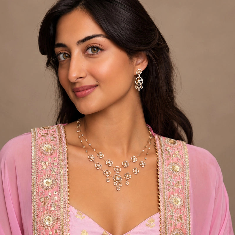 Elegant floral layered necklace and matching hanging earrings set for women