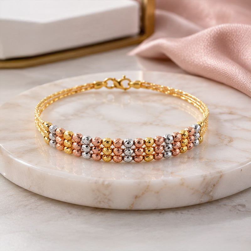 Delicate 22K Gold Bangle Bracelet with Three Rows of Beads