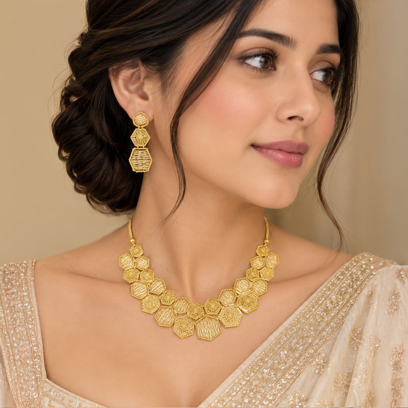 22K Gold Layered Cluster Necklace and Earring Set