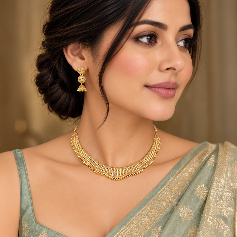 22K Gold Necklace and Jhumka style Earring Set