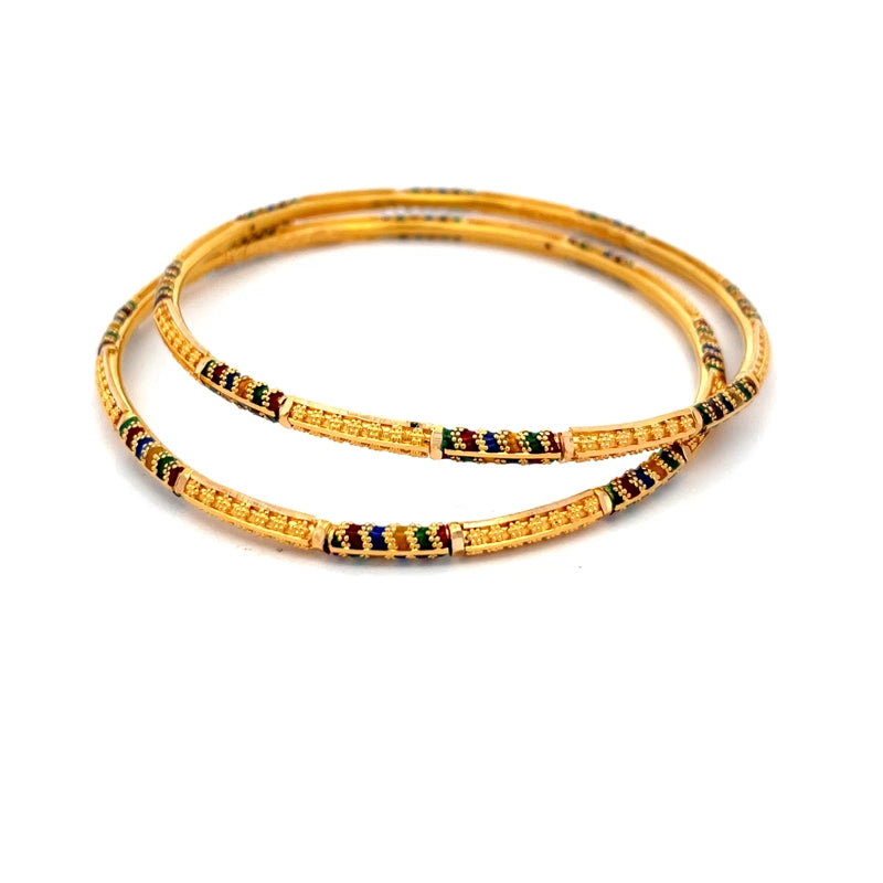 Elegant Gold Bangles with Colorful Accents - Set of 2, Size 2.7