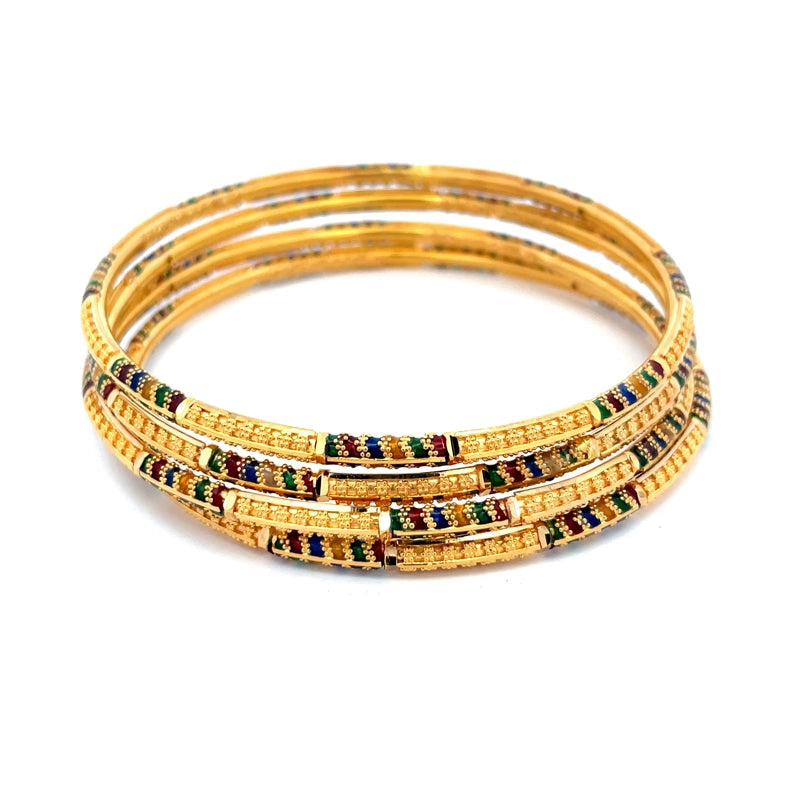Elegant Gold Bangles with Colorful Accents - Set of 4, Size 2.7