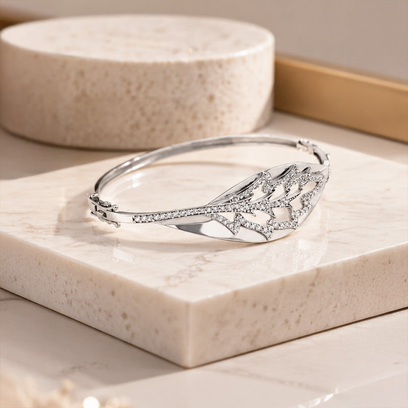 Openwork Leaf Bangle in 18k White Gold and CZ