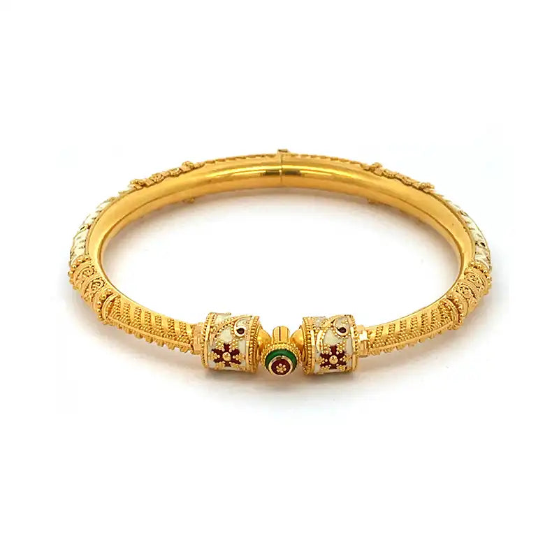 Beautiful 22K Yellow Gold Kada Bangle with Enamel Design Size 2.8