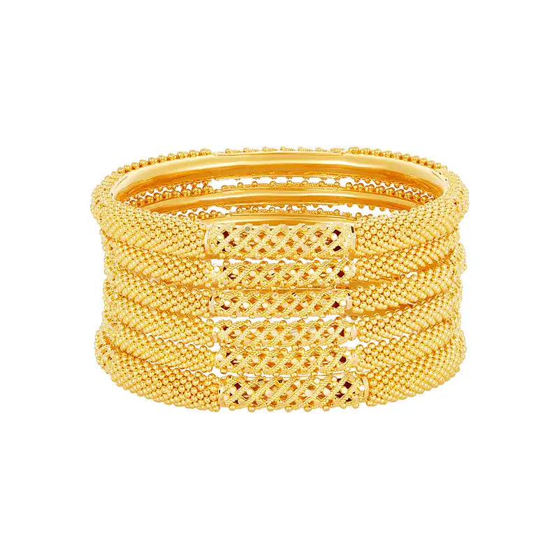 Set of Six 22k Yellow Gold Bangles with Elegant Cross Hatch Pattern Design