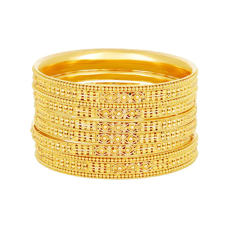 Set of 6 elegant 22k yellow gold bangles with beaded patterned design