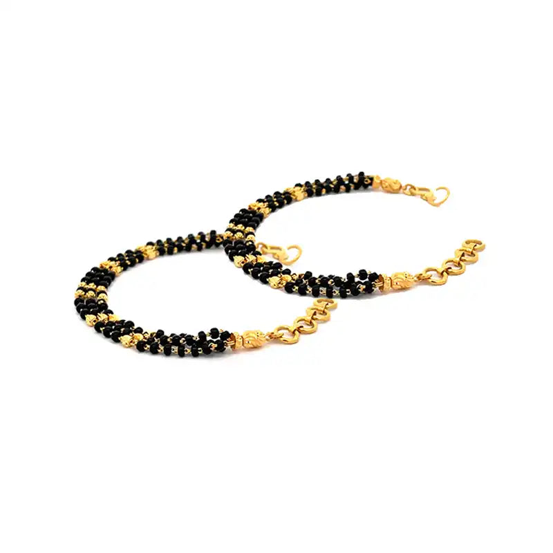 Three layered black bead and gold baby bracelet for unisex wear, 5 inch long