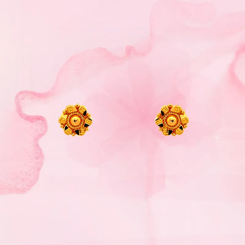 Dainty floral mini stud earrings in 22k yellow gold with screw back