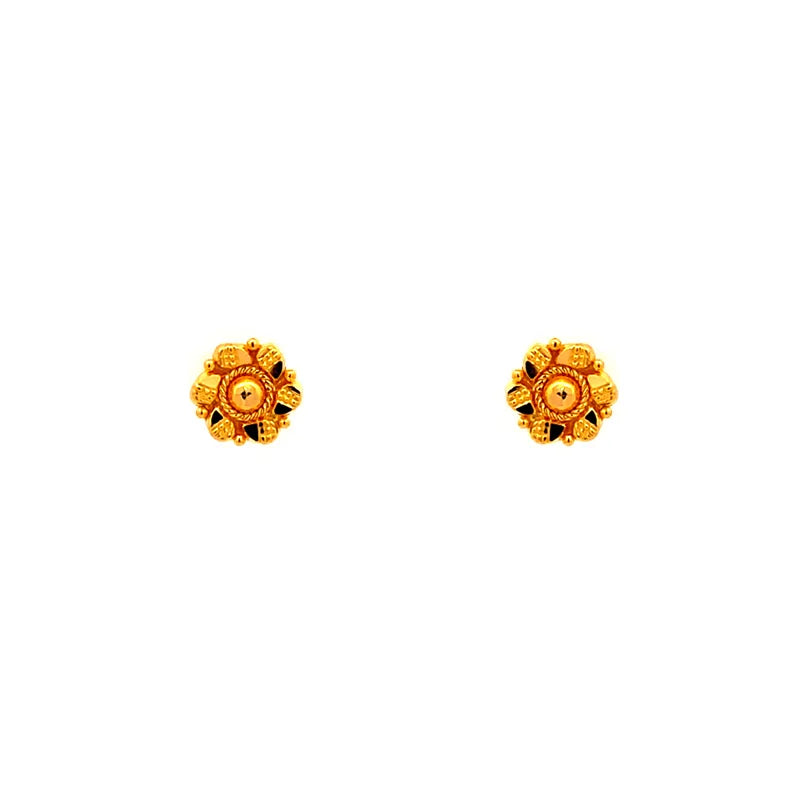 Dainty floral mini stud earrings in 22k yellow gold with screw back
