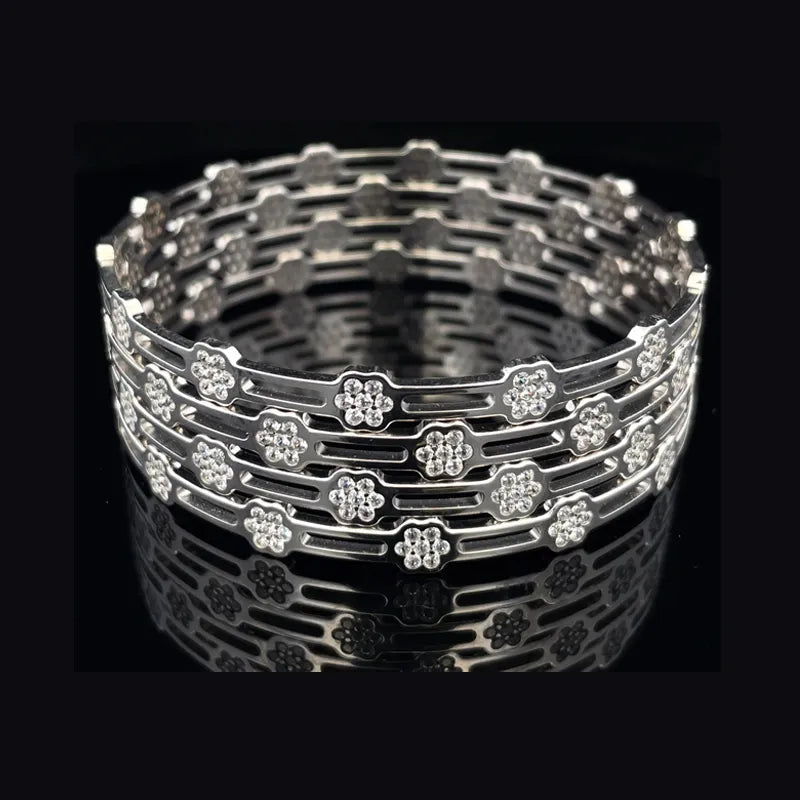 White Gold Floral bangle Set with CZ - Set of 4, Size 2.6