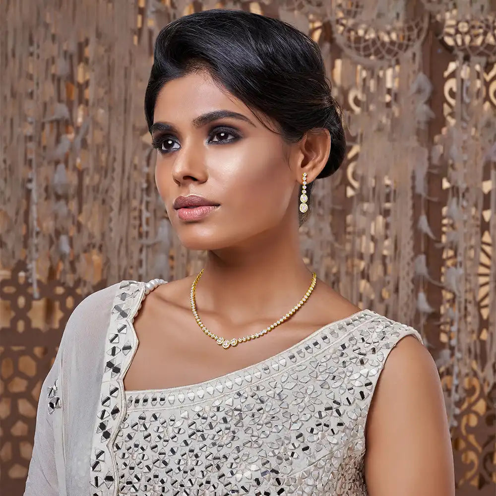 Angelic, Intricate Diamond Necklace & Earrings in Yellow gold