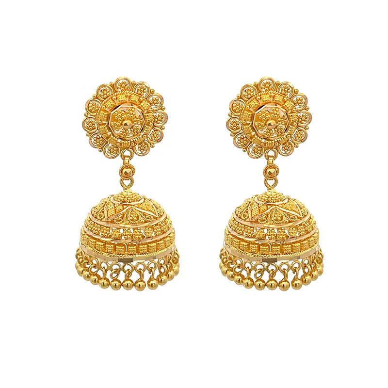 Elegant 22K Yellow Gold Jhumka Earrings with a Delicate Floral Design Accent