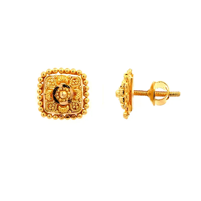 22k Yellow Gold Square Stud Earrings Simple Elegant Everyday Wear