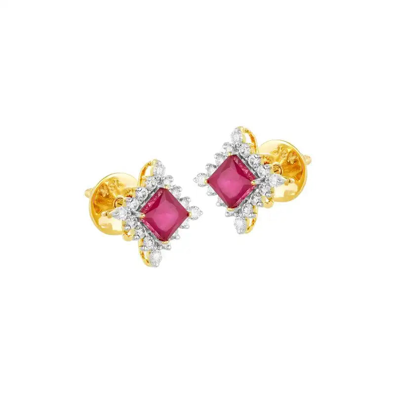 18K Gold Diamond and Ruby Stud Earrings