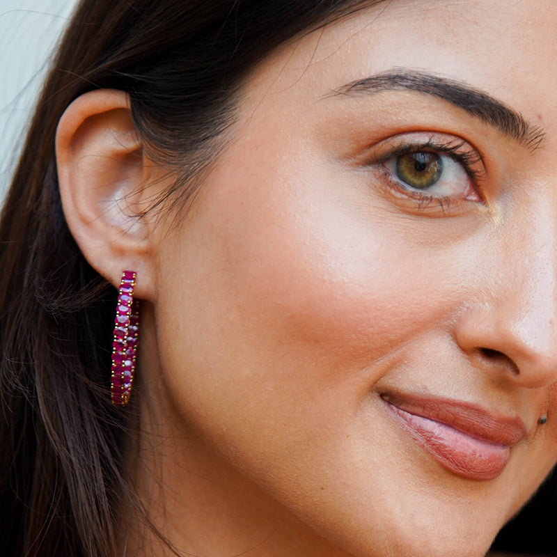 Glamorous Gold-Tone Hoop Earrings with Rubies