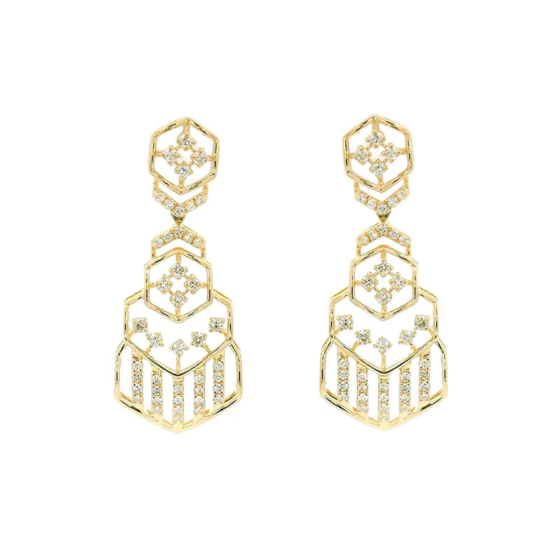 Unique Geometric Design Gold Earrings with Sparkling Diamonds