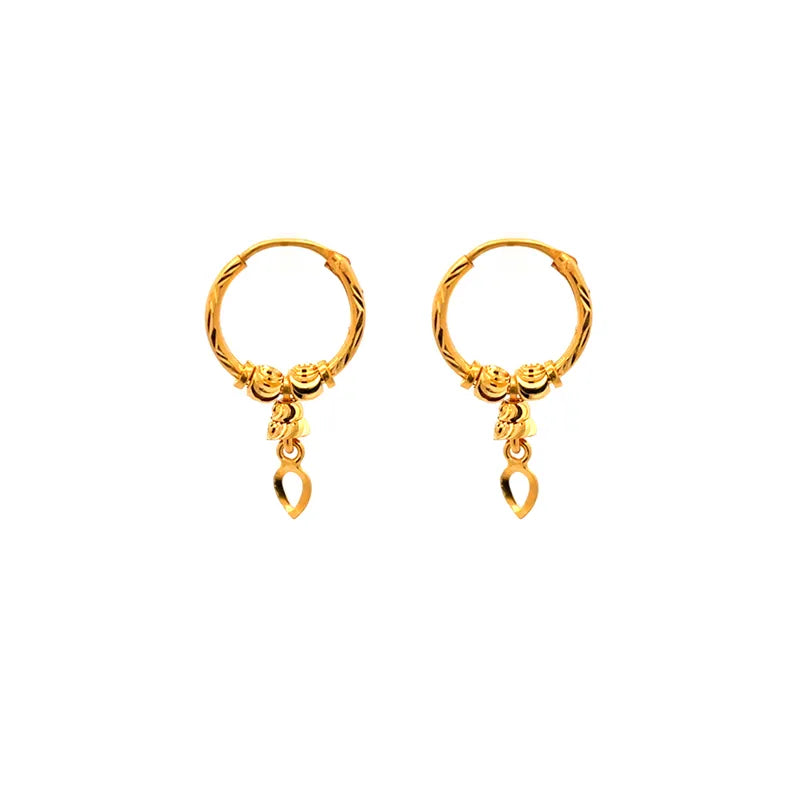 Beautiful 22K Yellow Gold Hoop Earrings with Dangling Heart Charm for Women