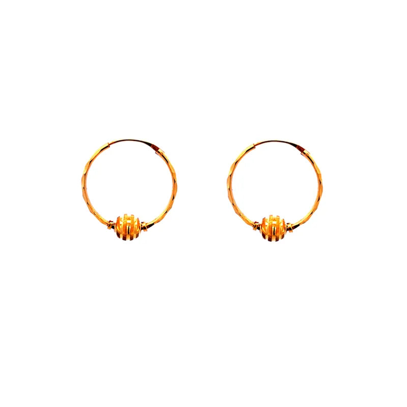 22K Gold Hoop Earrings with center bead design - Diameter 1 inch