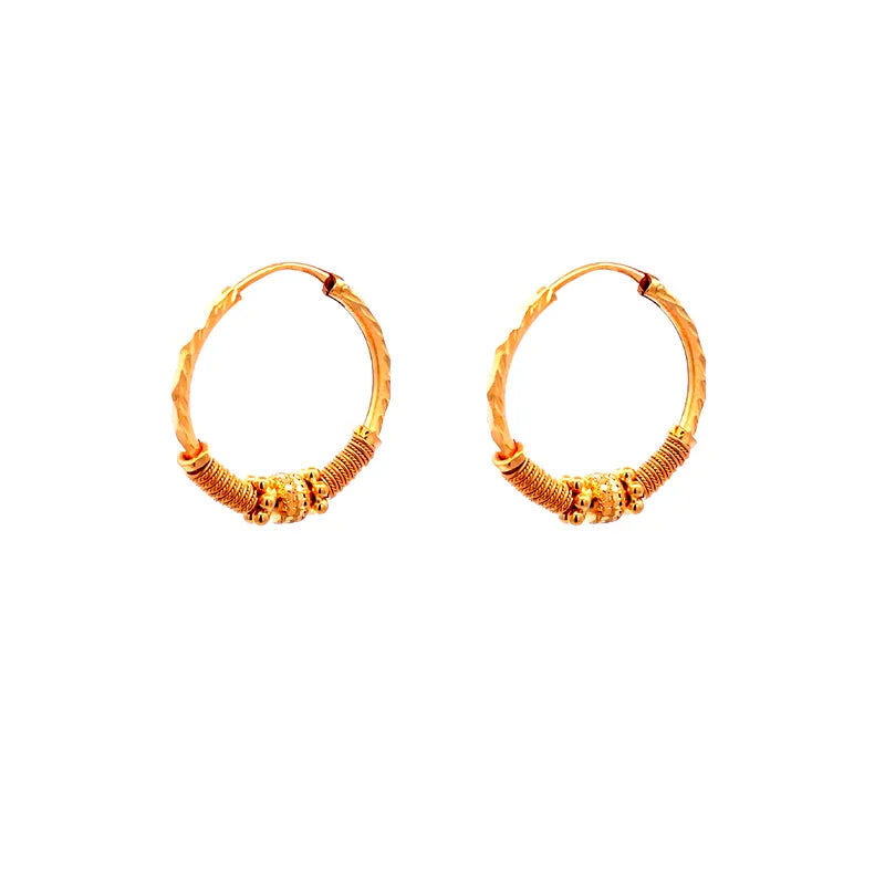 22K Gold Hoop Earrings with center bead design - Diameter 22 mm