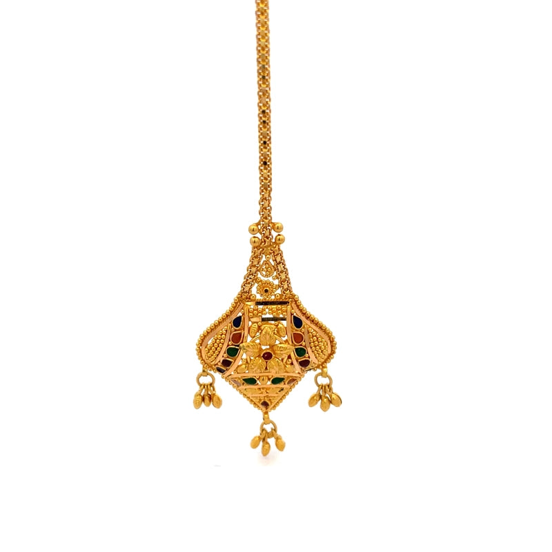 Elegant 22K Yellow Gold Maang Tikka with Detailed Minakari Craftsmanship
