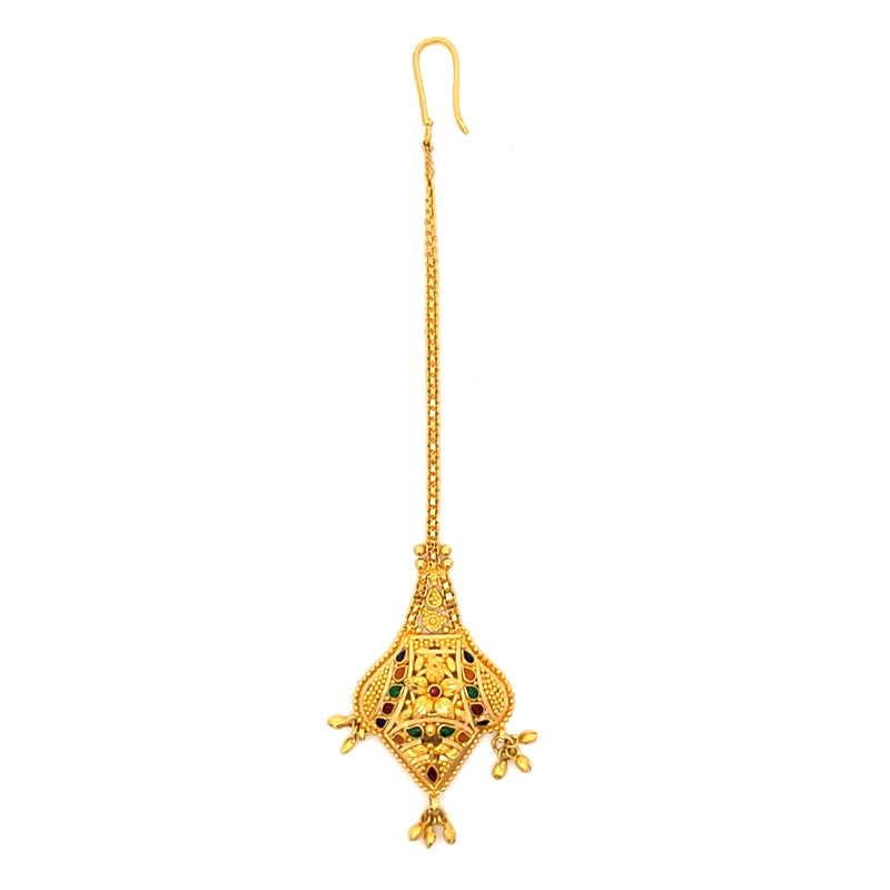Elegant 22K Yellow Gold Maang Tikka with Detailed Minakari Craftsmanship