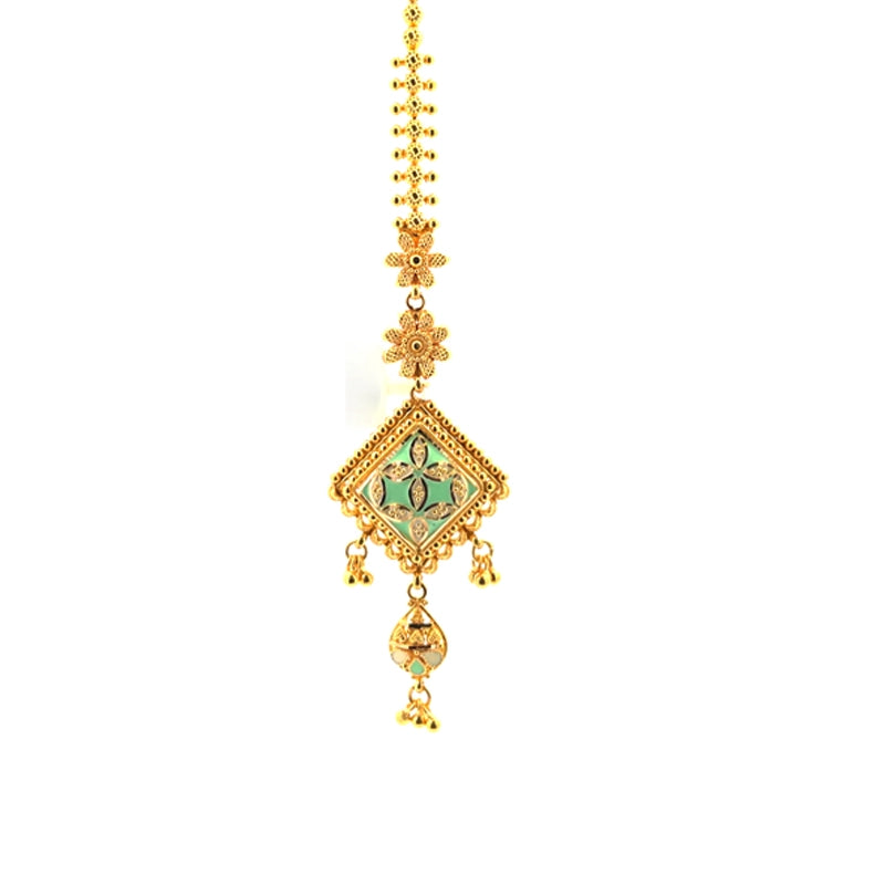 22K Yellow Gold Maang Tikka with Beautiful Minakari Detail for Women