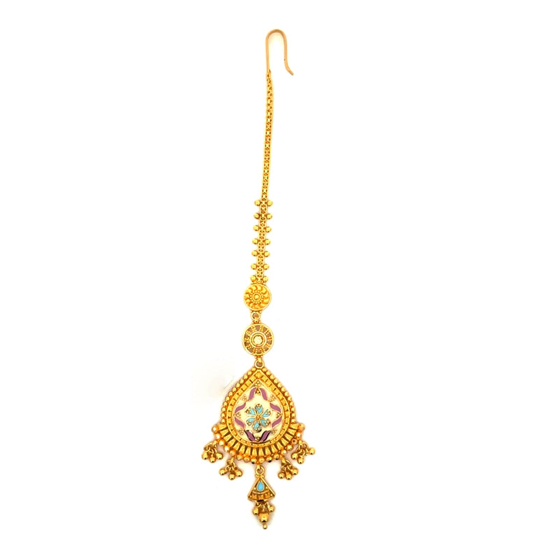 22K Yellow Gold Maang Tikka with Detailed Minakari for Elegant Traditional Wear