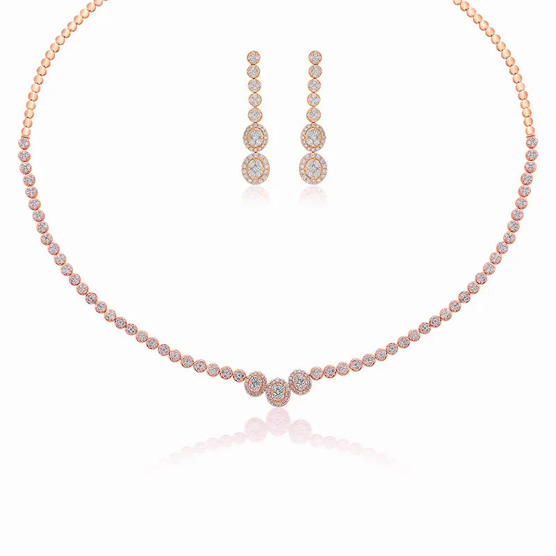 Angelic, Intricate Diamond Necklace & Earrings in Rose gold
