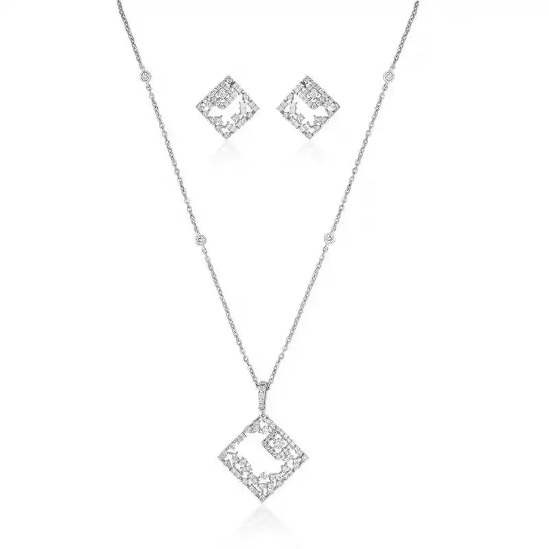 18K Gold Diamond Pendant Set, square