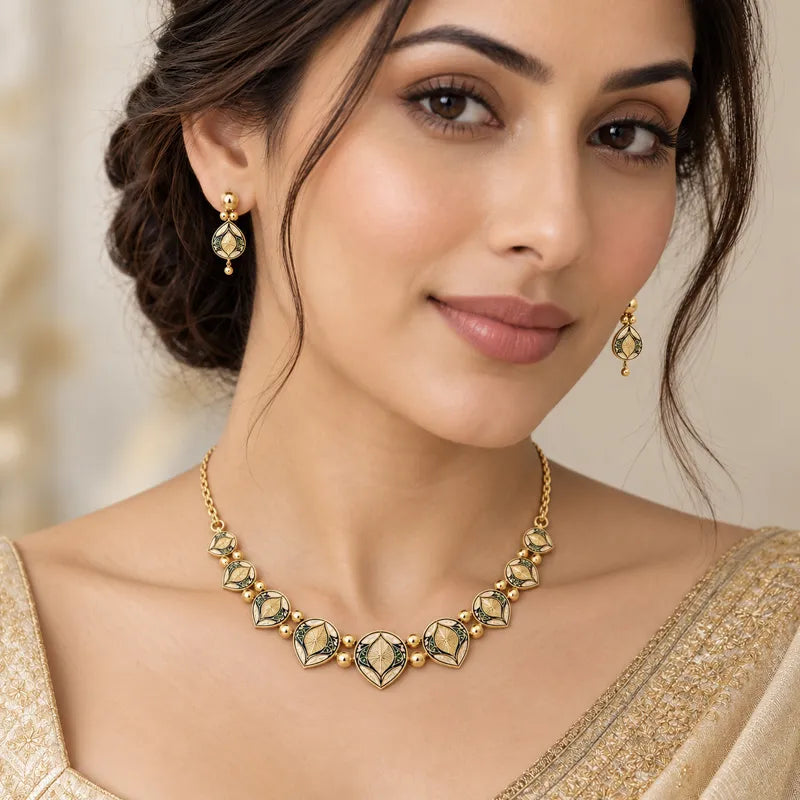 Elegant 22K Yellow Gold Enamel Necklace and Earrings Set for Women