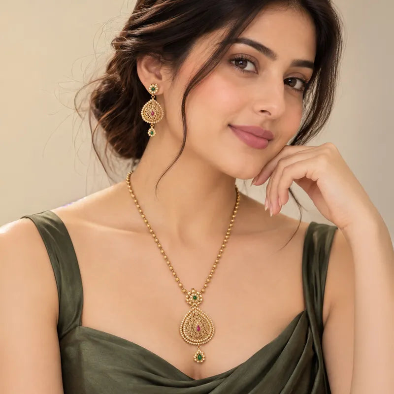 Elegant 22K Yellow Gold Necklace and Earrings Set with Sparkling CZ Accents
