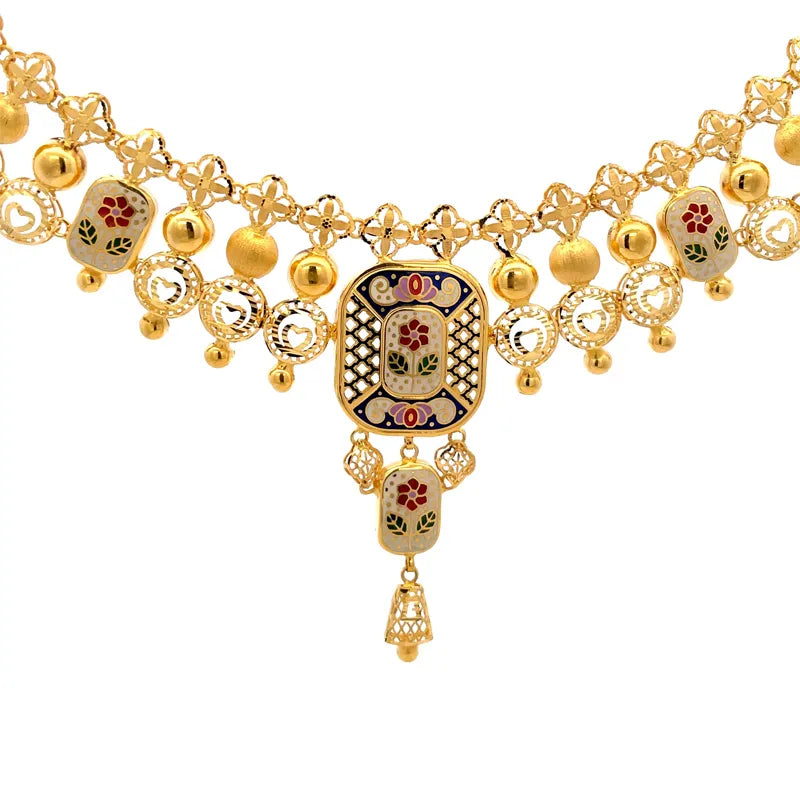 Elegant 22K Yellow Gold Enamel Necklace and Earrings Set for Women