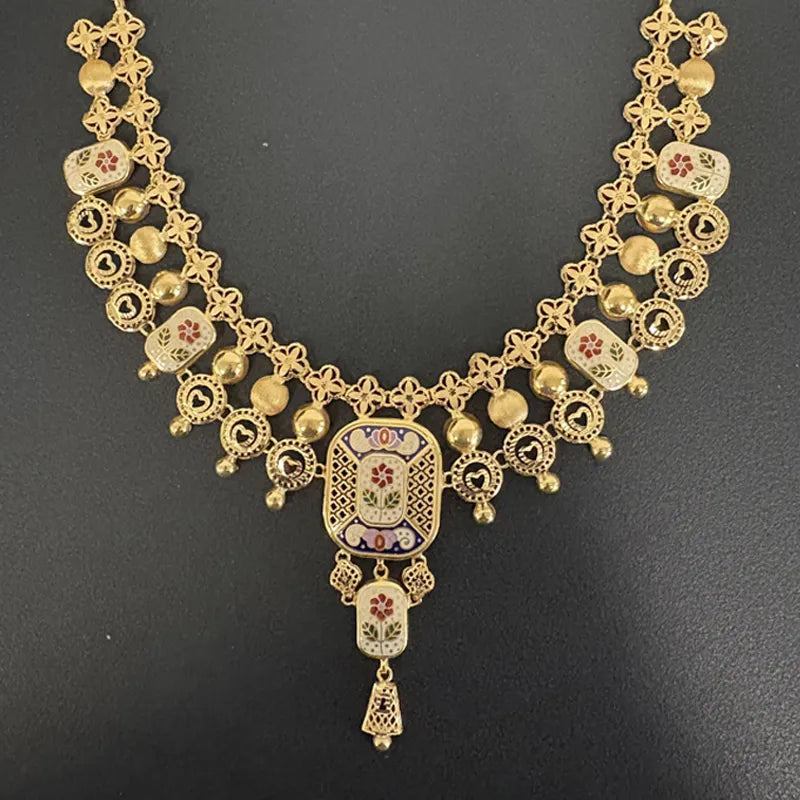 Elegant 22K Yellow Gold Enamel Necklace and Earrings Set for Women