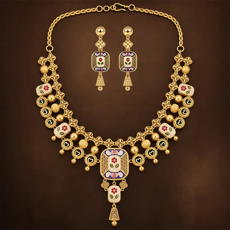 Elegant 22K Yellow Gold Enamel Necklace and Earrings Set for Women