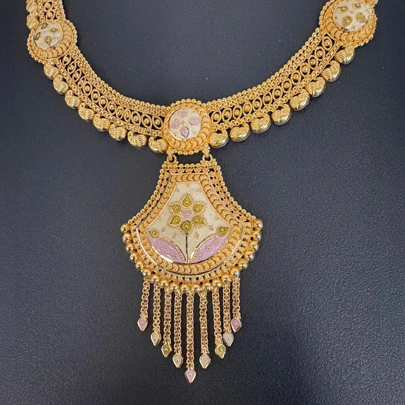 Elegant 22K Yellow Gold Minakari Necklace and Earrings Set for Women