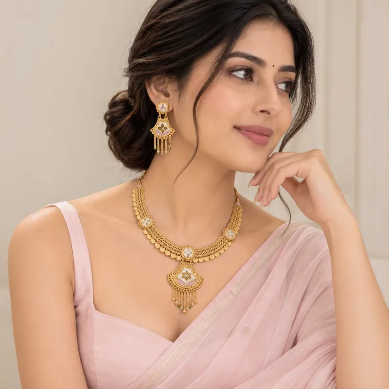 Elegant 22K Yellow Gold Minakari Necklace and Earrings Set for Women