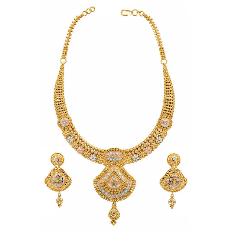Elegant 22K Yellow Gold Minakari Enamel Necklace and Earrings Set for Women