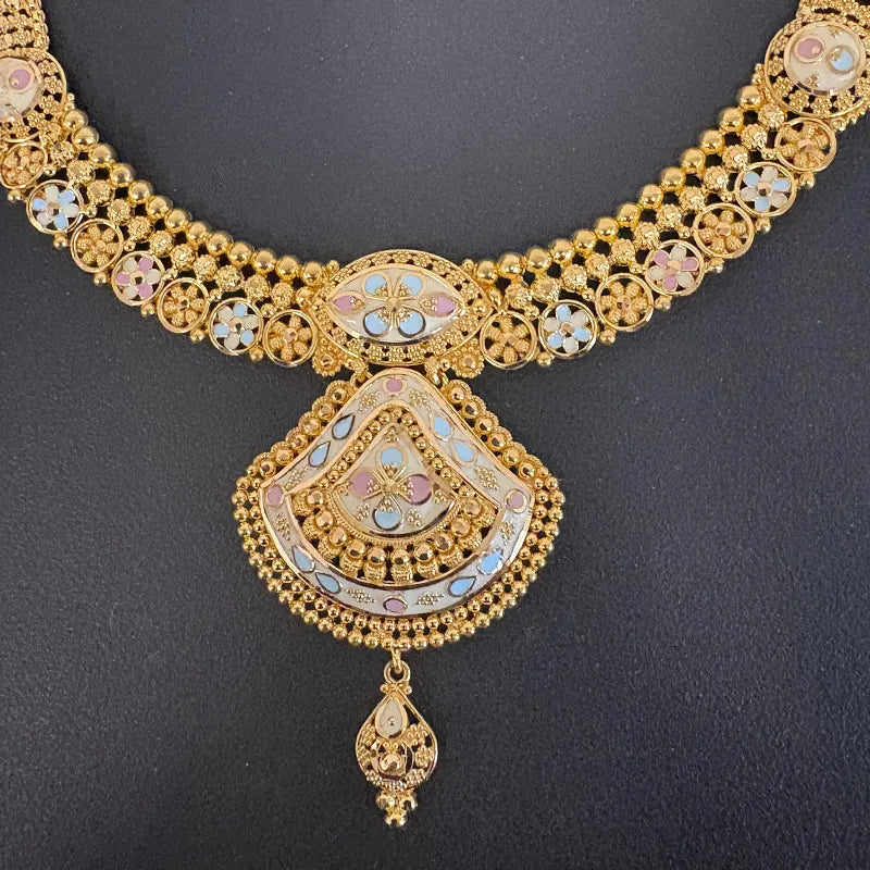 Elegant 22K Yellow Gold Minakari Enamel Necklace and Earrings Set for Women