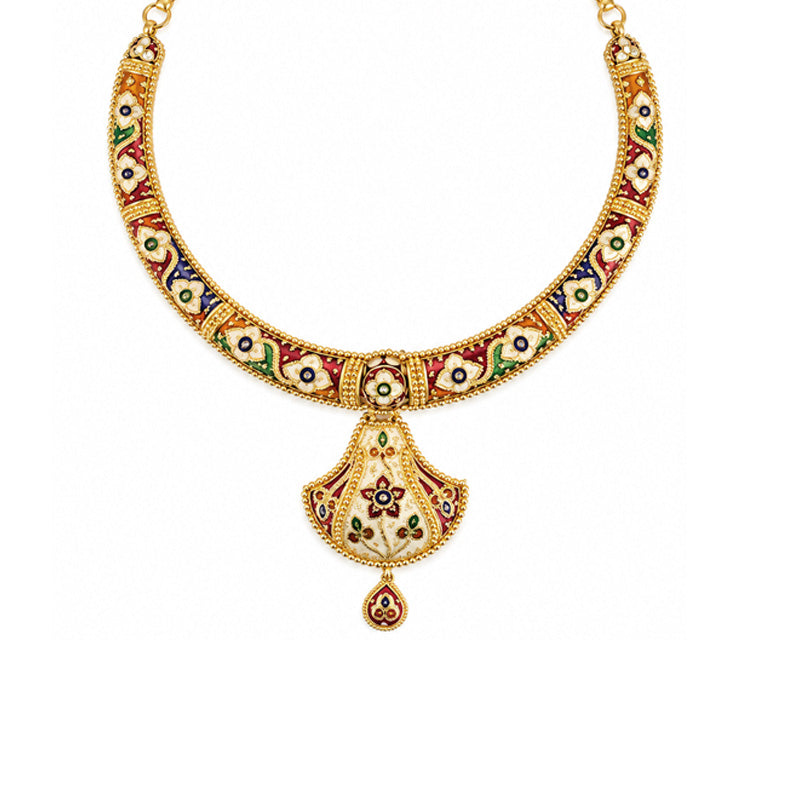 22K Gold Enamel Necklace and Earrings Set - Minakari
