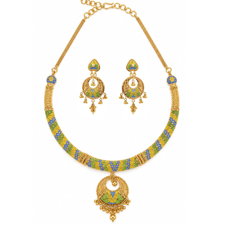 22K Gold Enamel Necklace and Earrings Set